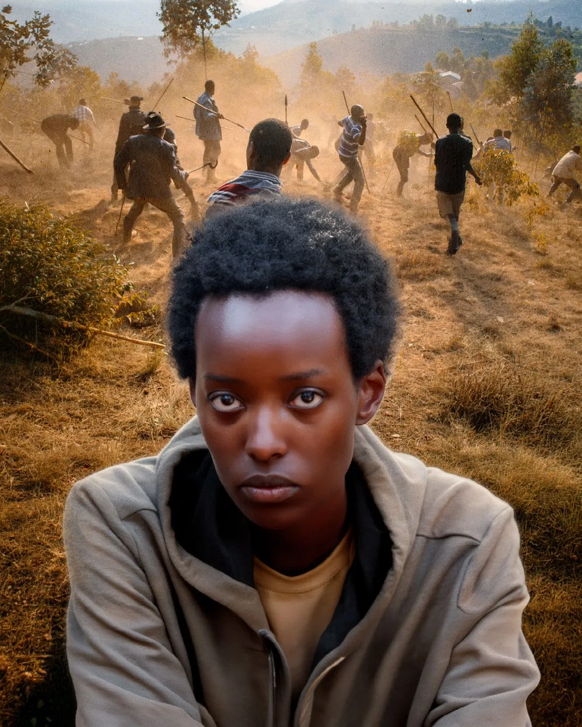 Epiphanie on a dusty hillside as men with sticks and machetes run behind her.